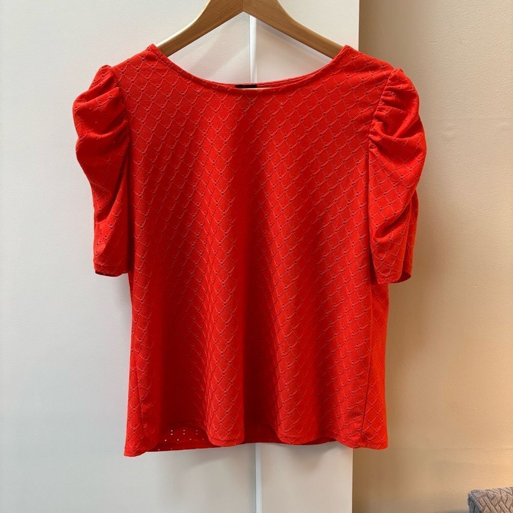 W5 Bright Red Puff Sleeve Textured Knit Top